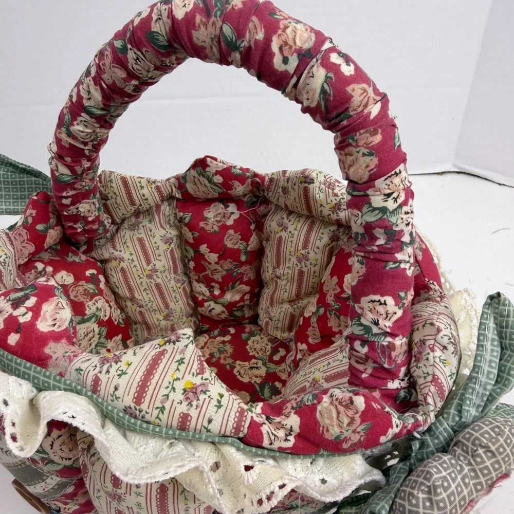 Handmade Quilted Patchwork Fabric Basket Floral Lace Button Country Cottage Red